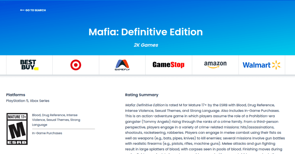 Mafia: Definitive Edition ESRB